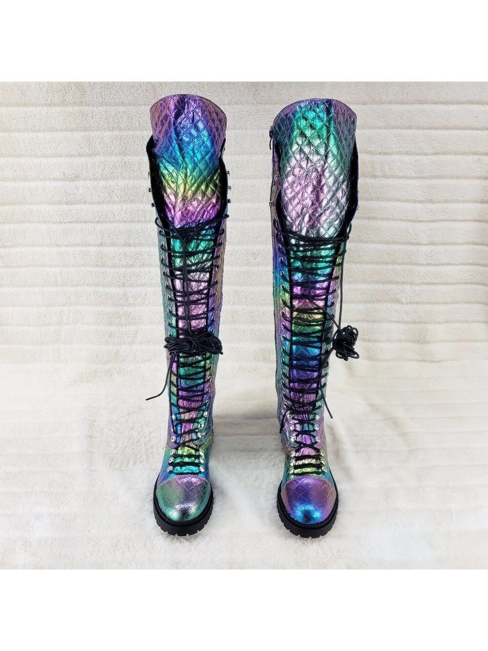 Travis Festive Quilted Metallic Rainbow Corset Lace Over the Knee Boots - Picture 7 of 11